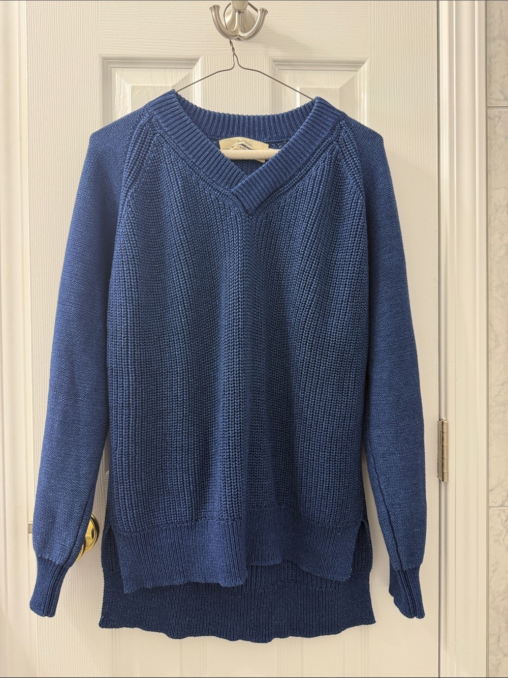 Deep River Guideboat Chunky Cotton Knit Blue V-Neck Knit Sweater - made in Peru